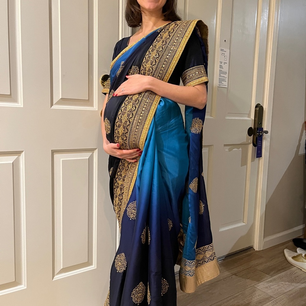 EUC Soch Designer Three Piece Ornate Heavy Blue Ombre Top & Skirt & Saree